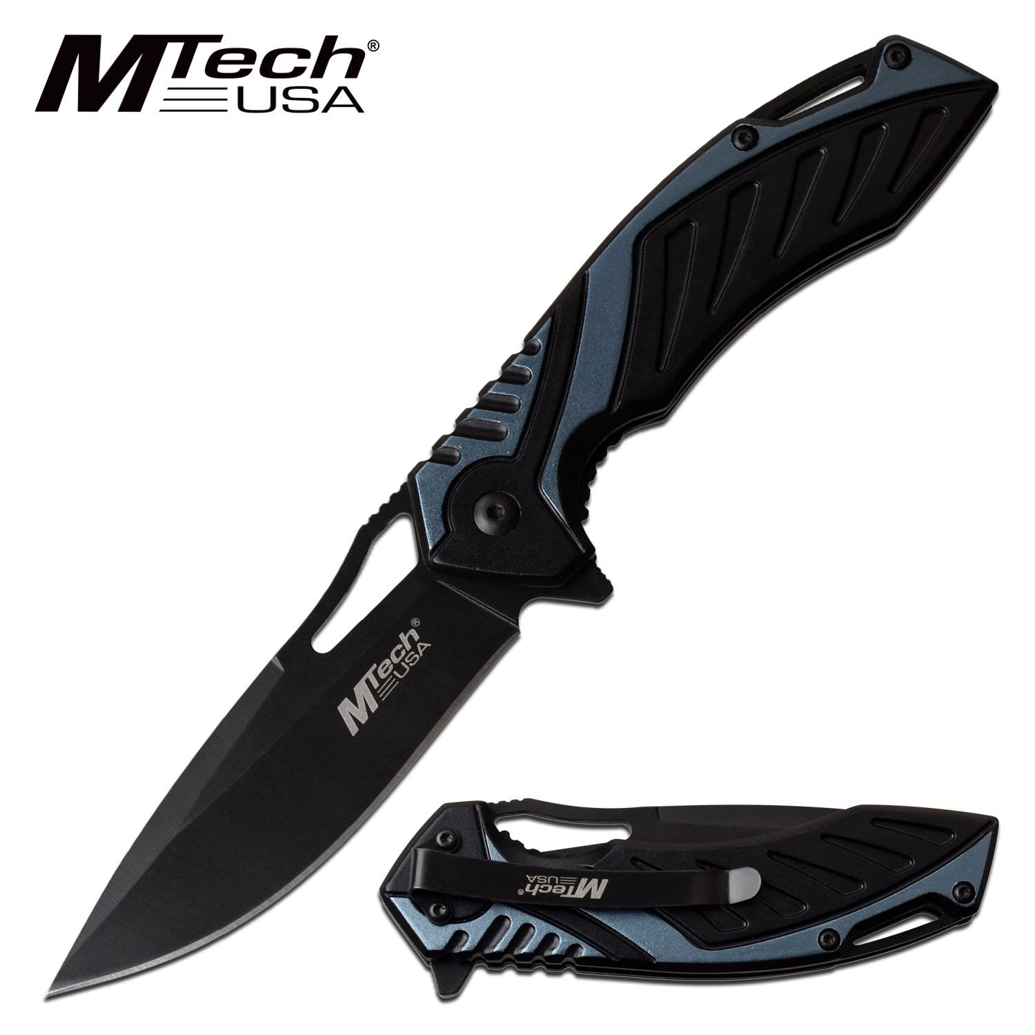 Spring Assist Folding Knife Mtech 3.6" Black Drop-Point Blade EDC Tactical Blue - Tophatter's Army Products & Self Defense Collectible Weapons - Tophatter Daily Deals